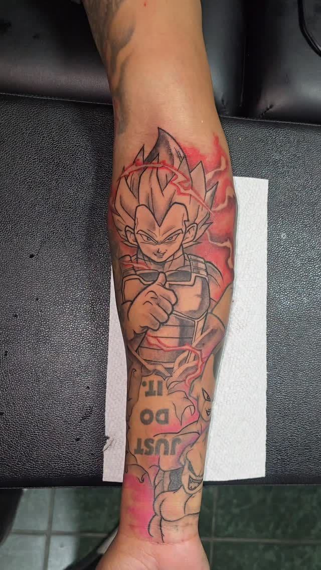 Colour Prince Vegeta tattoo on the forearm, by Soulraven Studios in Kingston, Jamaica