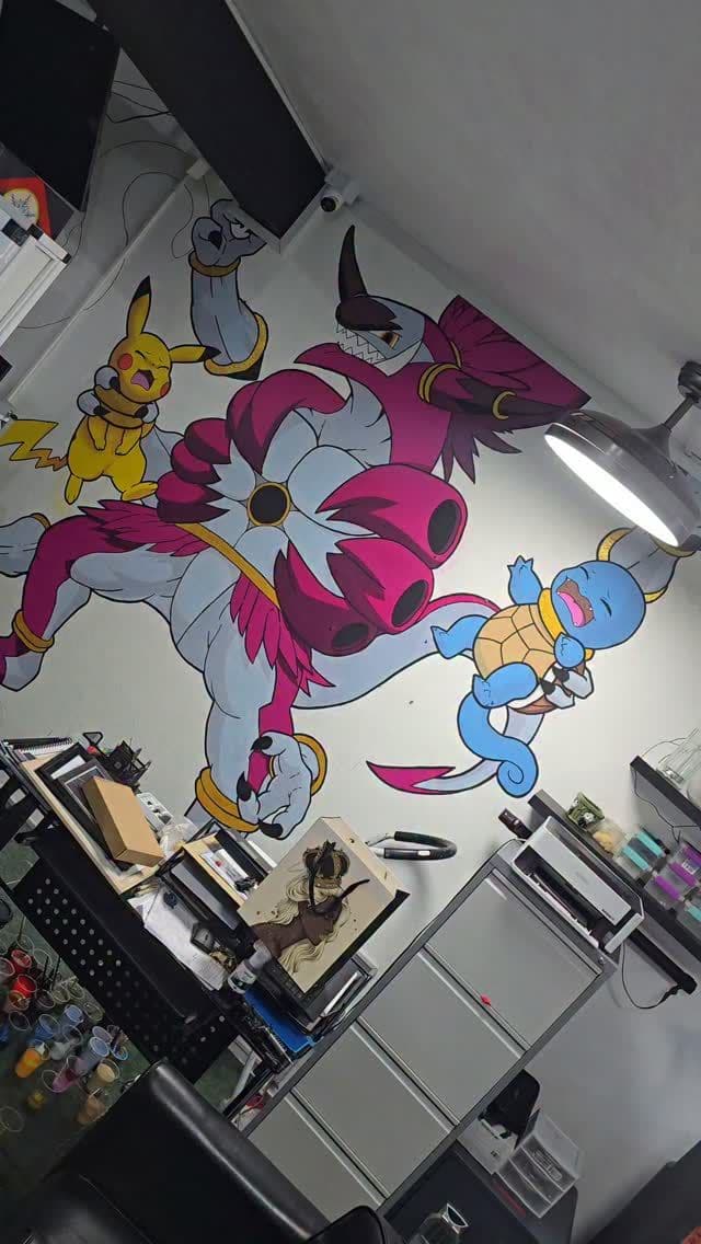 New mural artwork going up beside the tattoo bed at Soulraven Studios